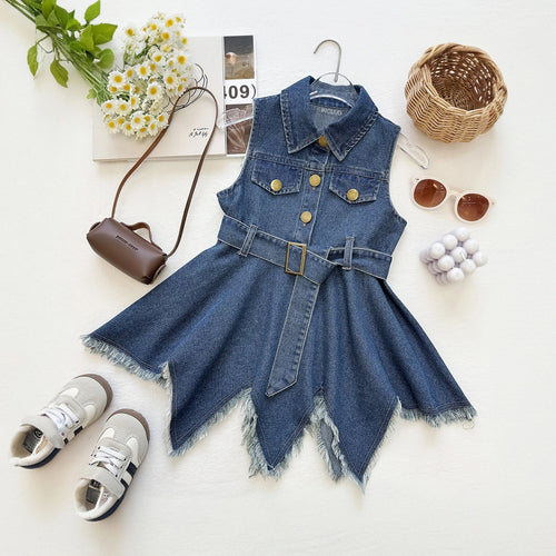 Girls Blue Asymmetrical Hem Sleeveless Denim Dress Casual Dresses Blue 1-2 Y