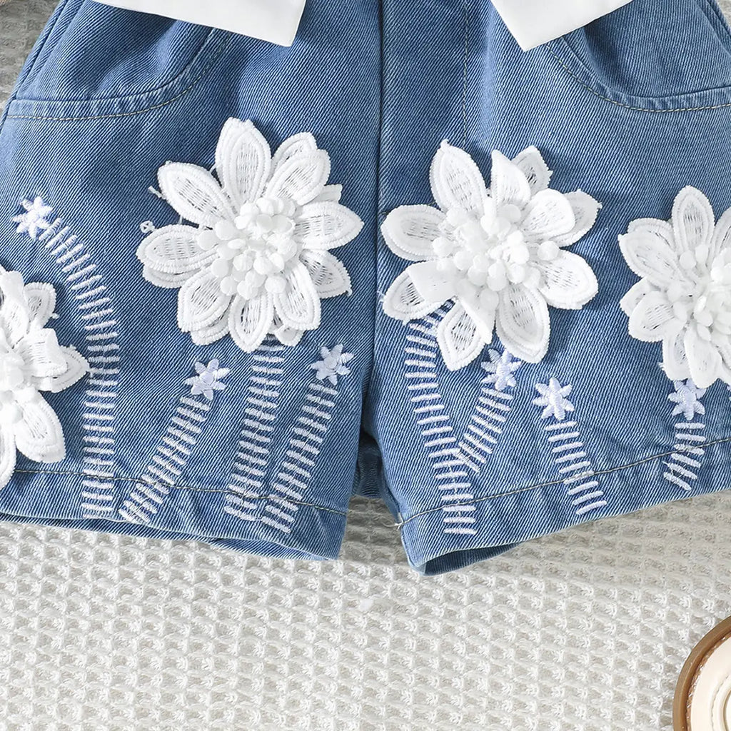 Girls White Bow Crop Top With Floral Embroidered Denim Shorts Sets Sets