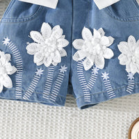 Girls White Bow Crop Top With Floral Embroidered Denim Shorts Sets Sets