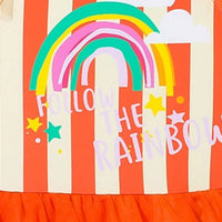 Girls Orange Stripes Tulle Overlay Swimwear Bodysuit With Cap Beachwear