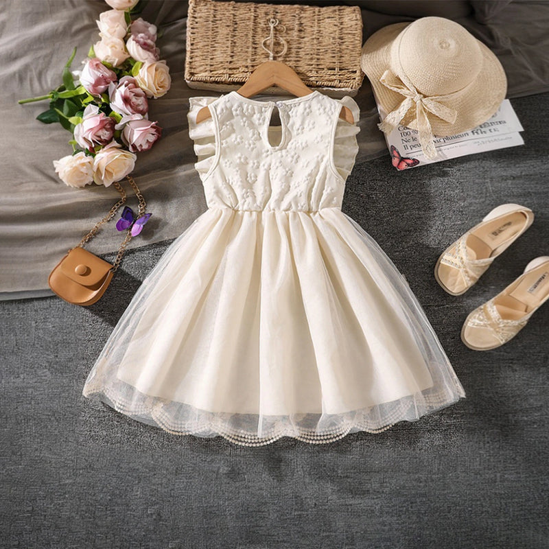 Girls Cream Butterfly Applique Flutter Sleeve Fit & Flare Party Dress Party Dresses