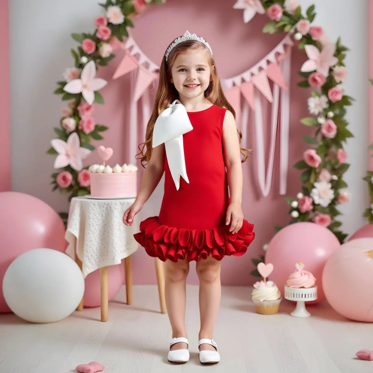 Girls Red Sleeveless A-line Party Wear Dress With Bow Applique Party Dresses