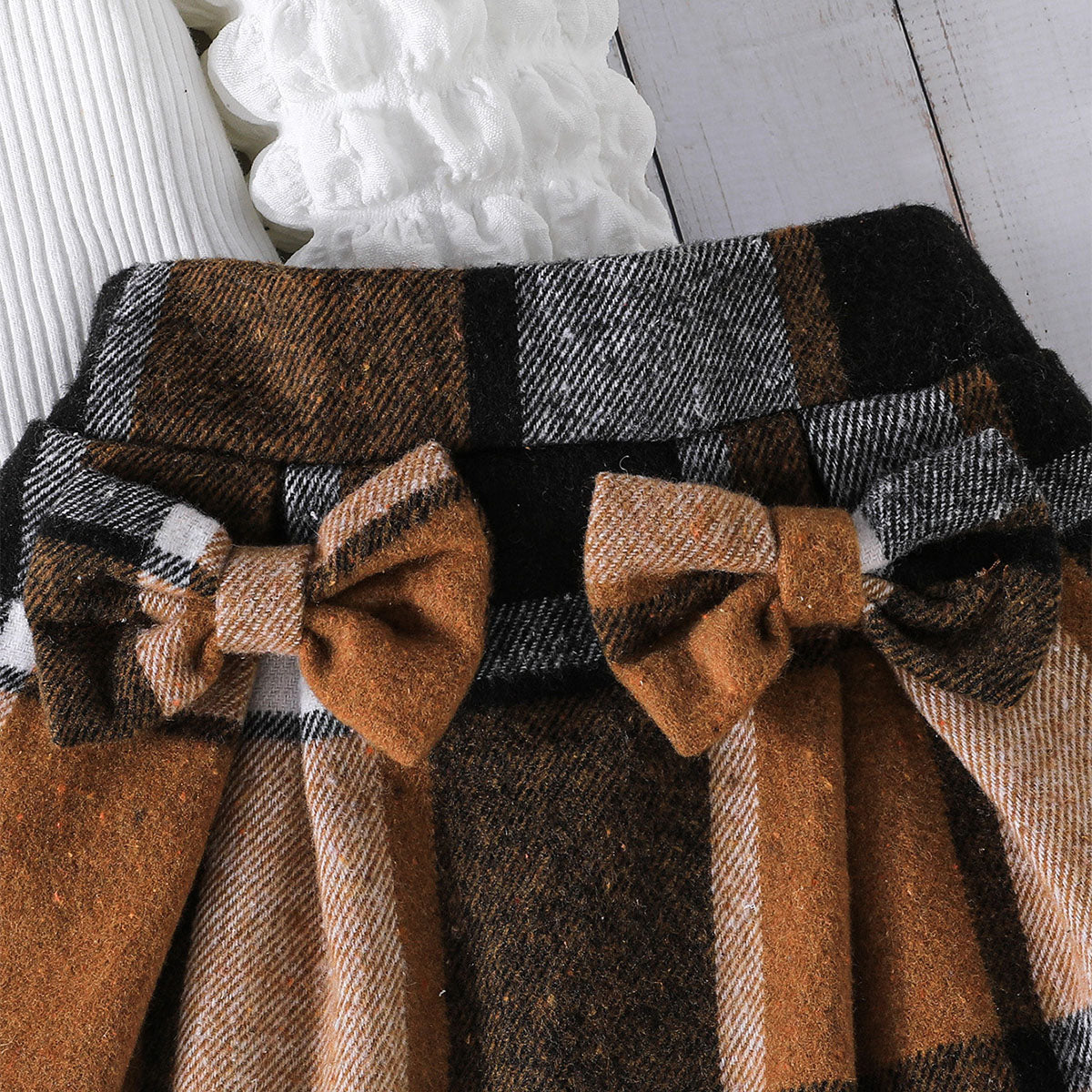 Girls Puff Sleeves Top With Brown Checked Skirt Set 2 pc. Sets