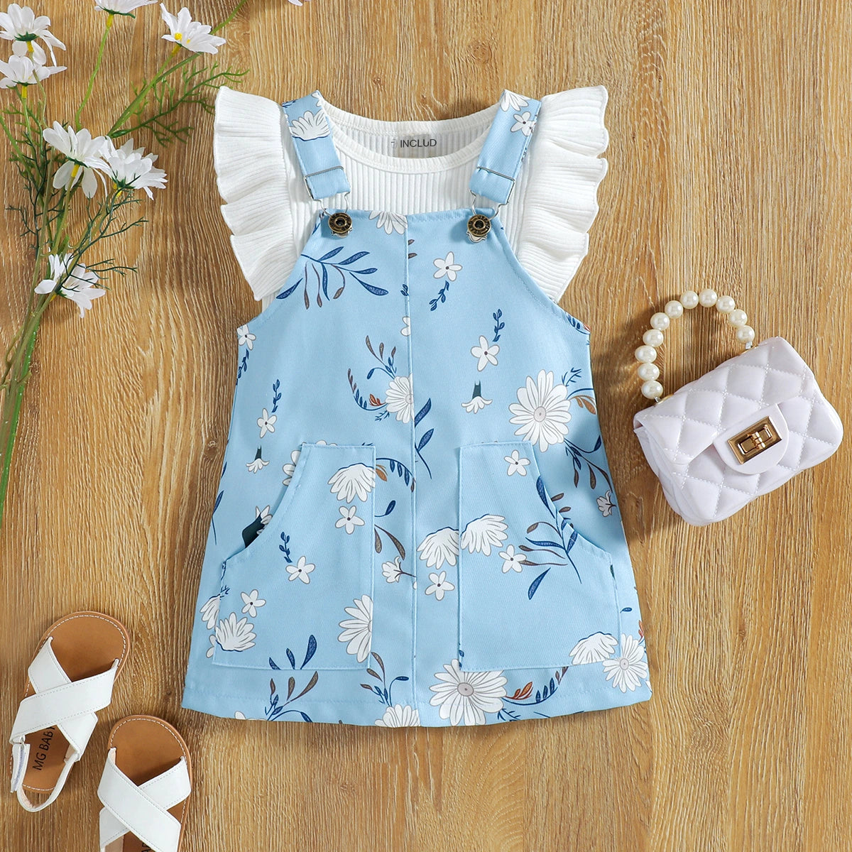 Girls White Ribbed Flutter Sleeve Top With Floral Print Dungaree Sets 2 pc. Sets White 1-2 Y