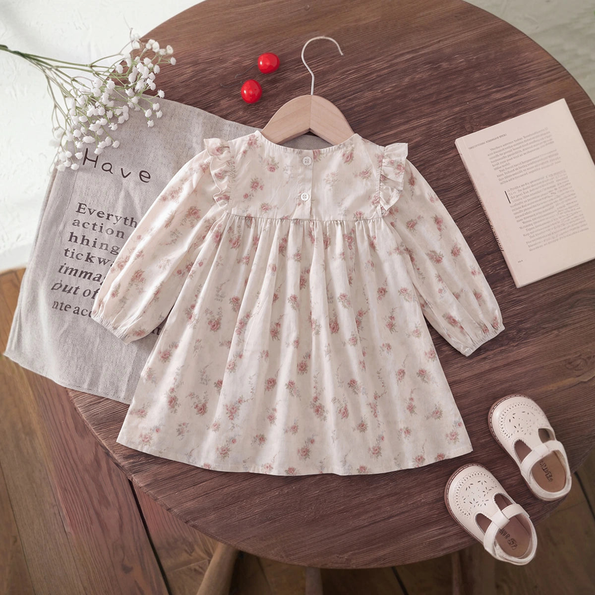 Girls Pink Floral Print Long Sleeve A-Line Dress Casual Dresses