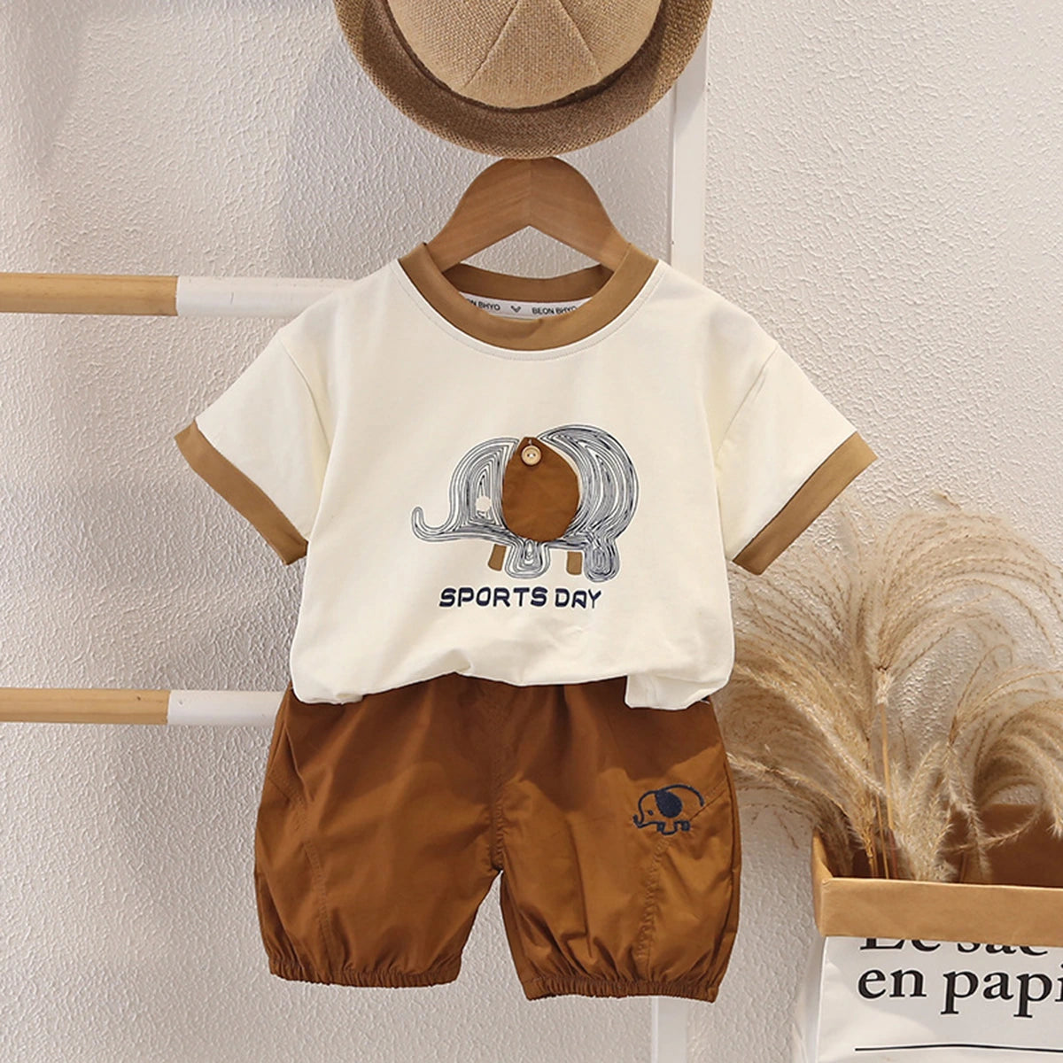Boys Camel Brown Elephant Graphic Short Sleeve T-Shirt With Shorts Sets 2 pc. Sets Camel Brown 1-2 Y