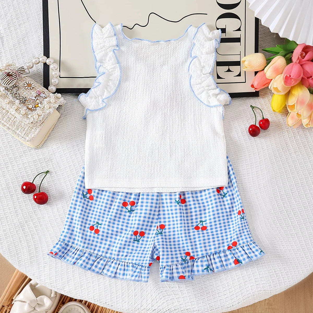 Girls White Cherry Applique Sleeveless Top With Shorts Sets 2 pc. Sets