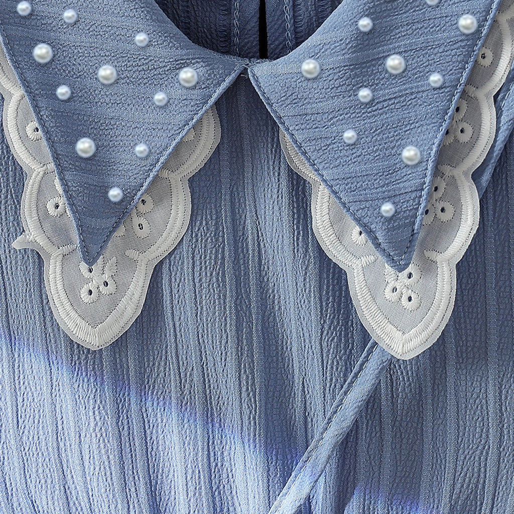 Girls Blue Pearl-Embellished Collar Fit & Flare Dress Casual Dresses
