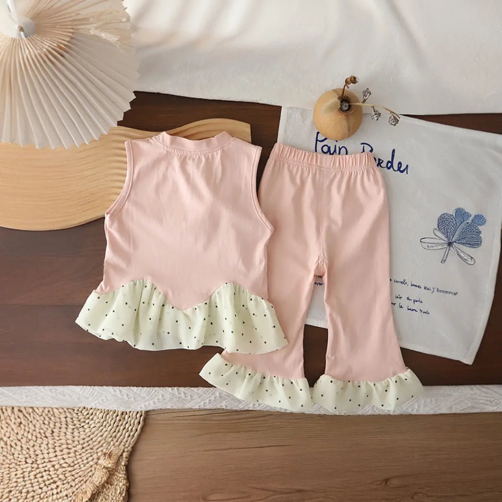 Girls Pink Floral Applique Ruffle Top With Pants Sets Sets