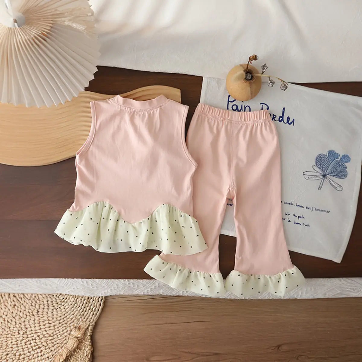 Girls Pink Floral Applique Ruffle Top With Pants Sets Sets