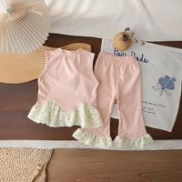 Girls Pink Floral Applique Ruffle Top With Pants Sets Sets