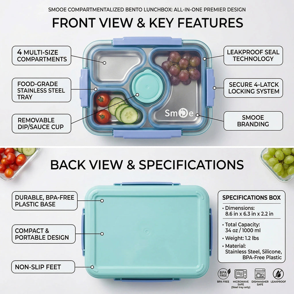 Kids Ocean Blue Multi-Section Leakproof Lunch Box Trending Accessories