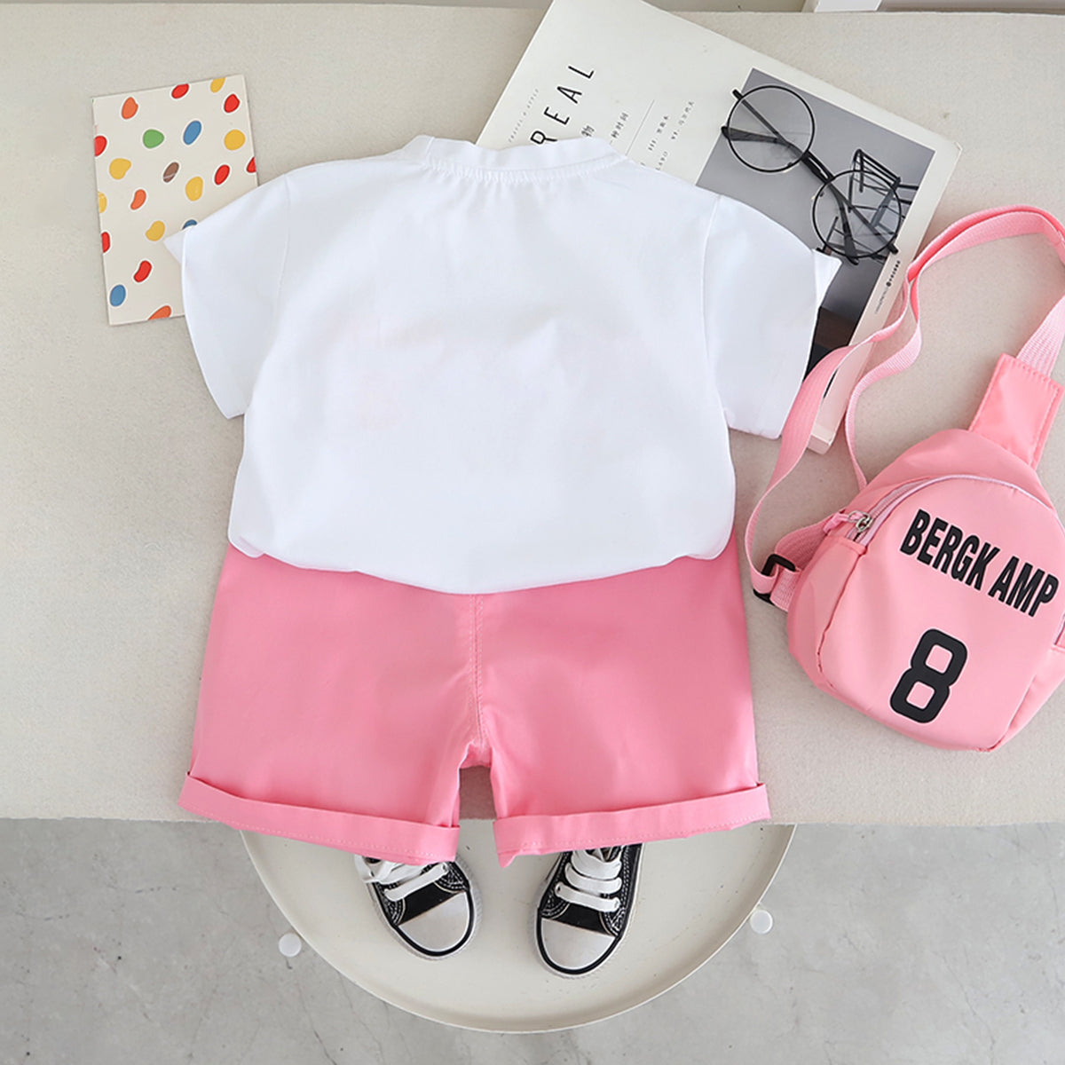 Boys Printed Short Sleeves T-Shirt With Pink Shorts And Bag Pack Set 3 pc. Sets