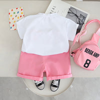 Boys Printed Short Sleeves T-Shirt With Pink Shorts And Bag Pack Set 3 pc. Sets
