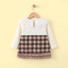 Girls Brown Checked Long Sleeve A-line Dress Casual Dresses