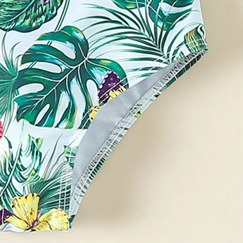 Girls Sea Green Tropical Printed One Shoulder Swimwear Bodysuit Beachwear
