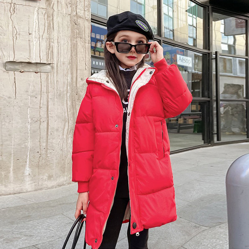 Girls Red Solid Puffer Hooded Long Jacket Coats & Jackets