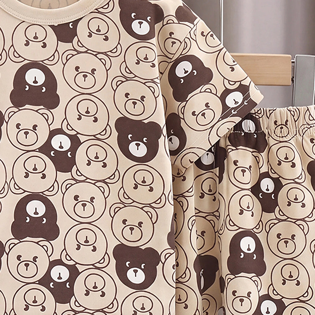 Boys Beige Short Sleeve Bear Print T-Shirt With Shorts Sets 2 pc. Sets