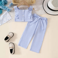Girls Light Blue Stripes Sleeveless Crop Top With Pants Co-ord Sets Sets Light Blue 1-2 Y
