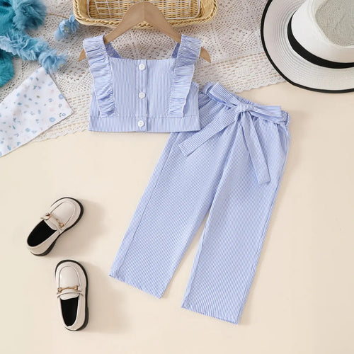 Girls Light Blue Stripes Sleeveless Crop Top With Pants Co-ord Sets Sets Light Blue 1-2 Y
