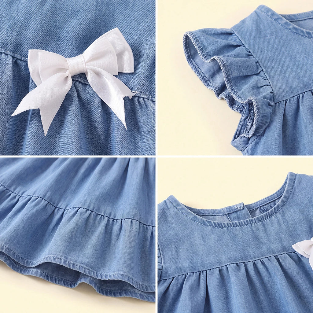 Girls Blue Bow Applique Short Sleeve Denim Dress Casual Dresses