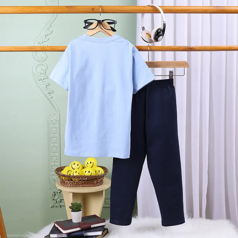 Boys Light Blue Graphics Print T-Shirt With Elasticated Pants Sets Sets