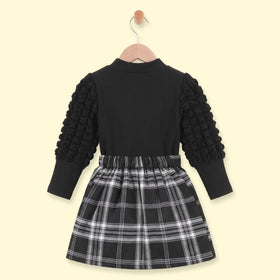 Girls Black Ribbed Top With Checked Skirt Sets 2 pc. Sets