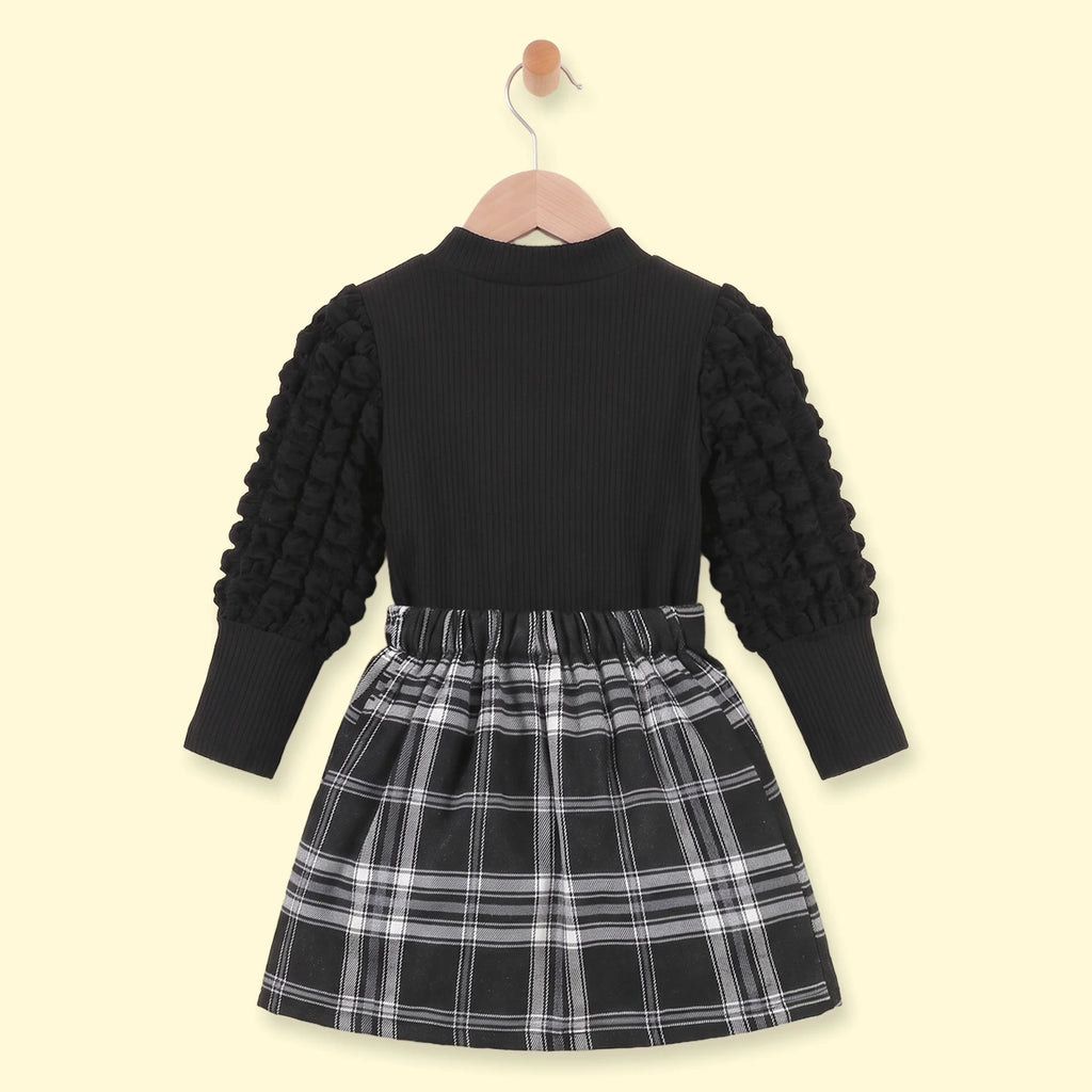 Girls Black Ribbed Top With Checked Skirt Sets 2 pc. Sets