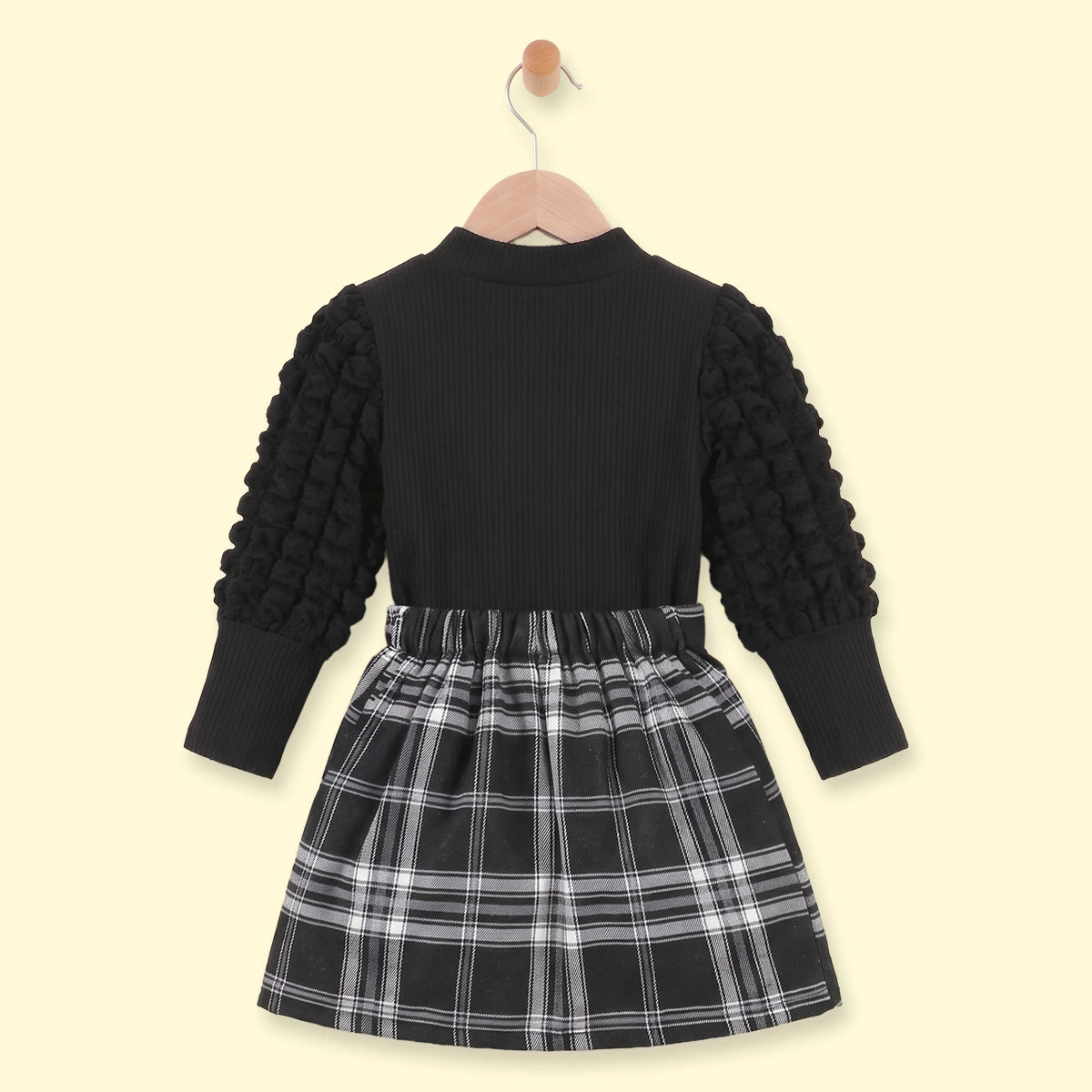 Girls Black Ribbed Top With Checked Skirt Sets 2 pc. Sets