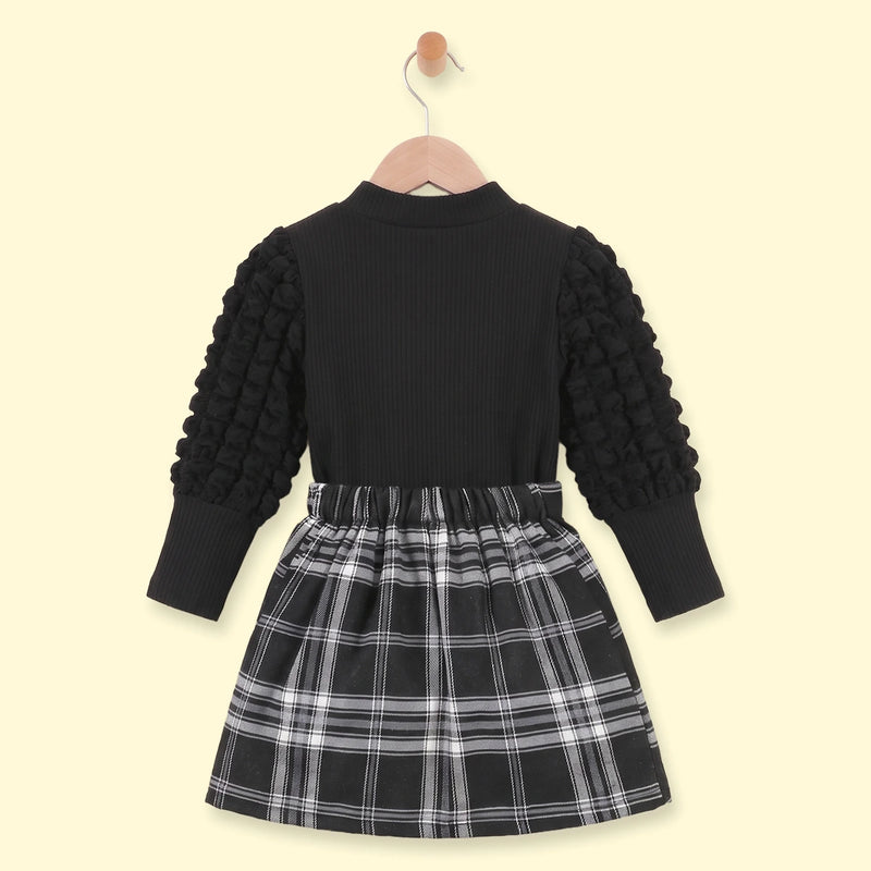 Girls Black Ribbed Top With Checked Skirt Sets 2 pc. Sets