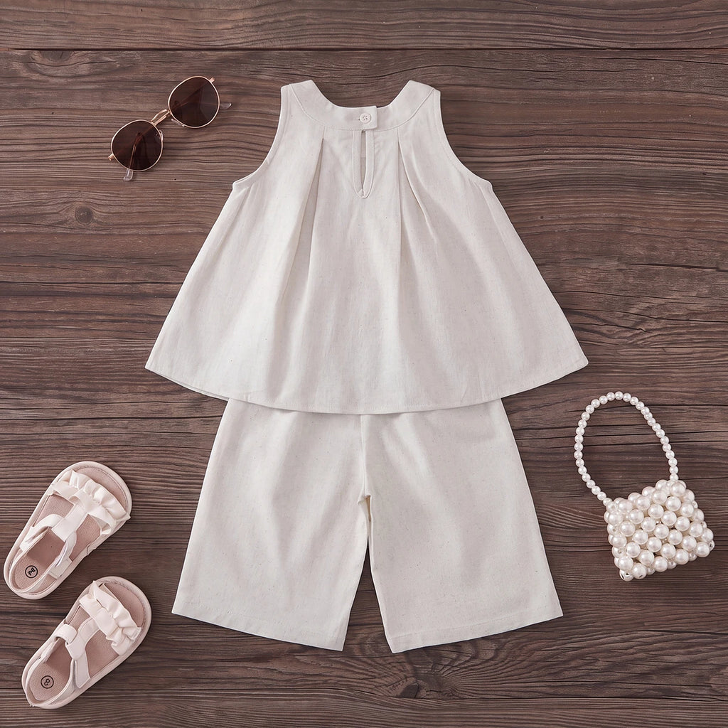 Girls Beige Pleated Sleeveless Top With Pants Sets 2 pc. Sets