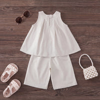 Girls Beige Pleated Sleeveless Top With Pants Sets 2 pc. Sets