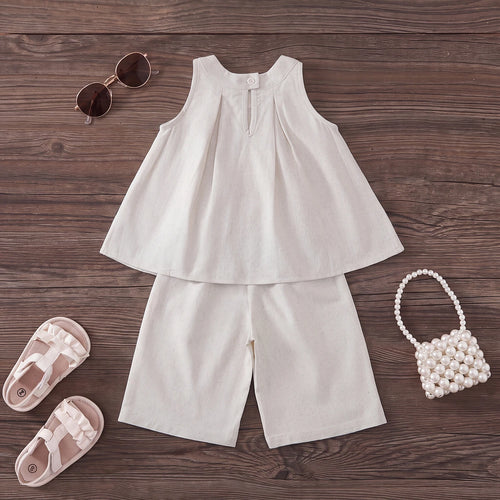 Girls Beige Pleated Sleeveless Top With Pants Sets 2 pc. Sets