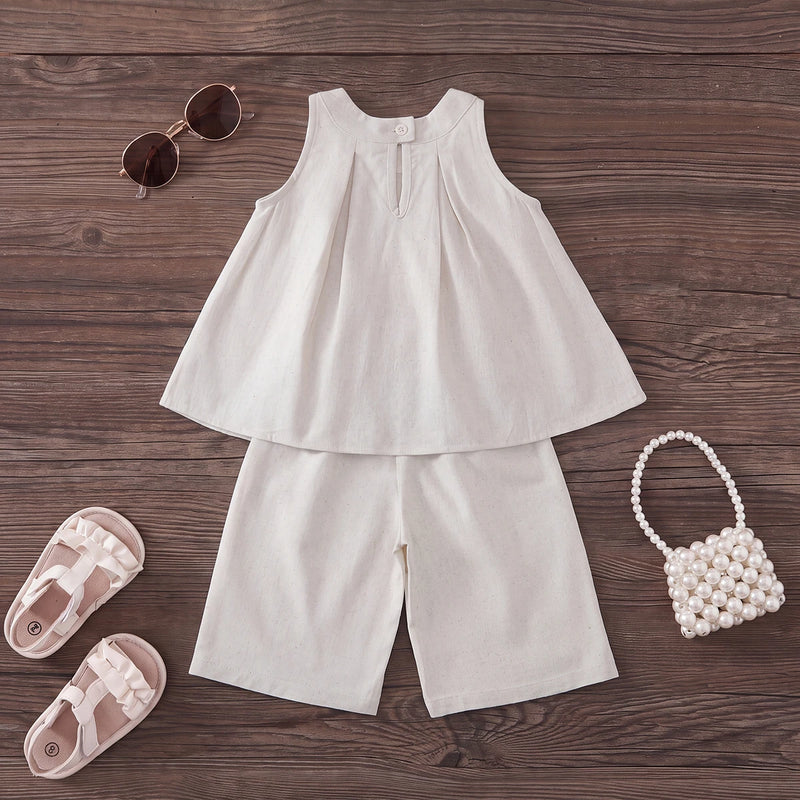 Girls Beige Pleated Sleeveless Top With Pants Sets 2 pc. Sets
