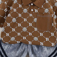 Boys Brown Lion Printed Short Sleeve Polo T-Shirt With Denim Shorts Sets 2 pc. Sets