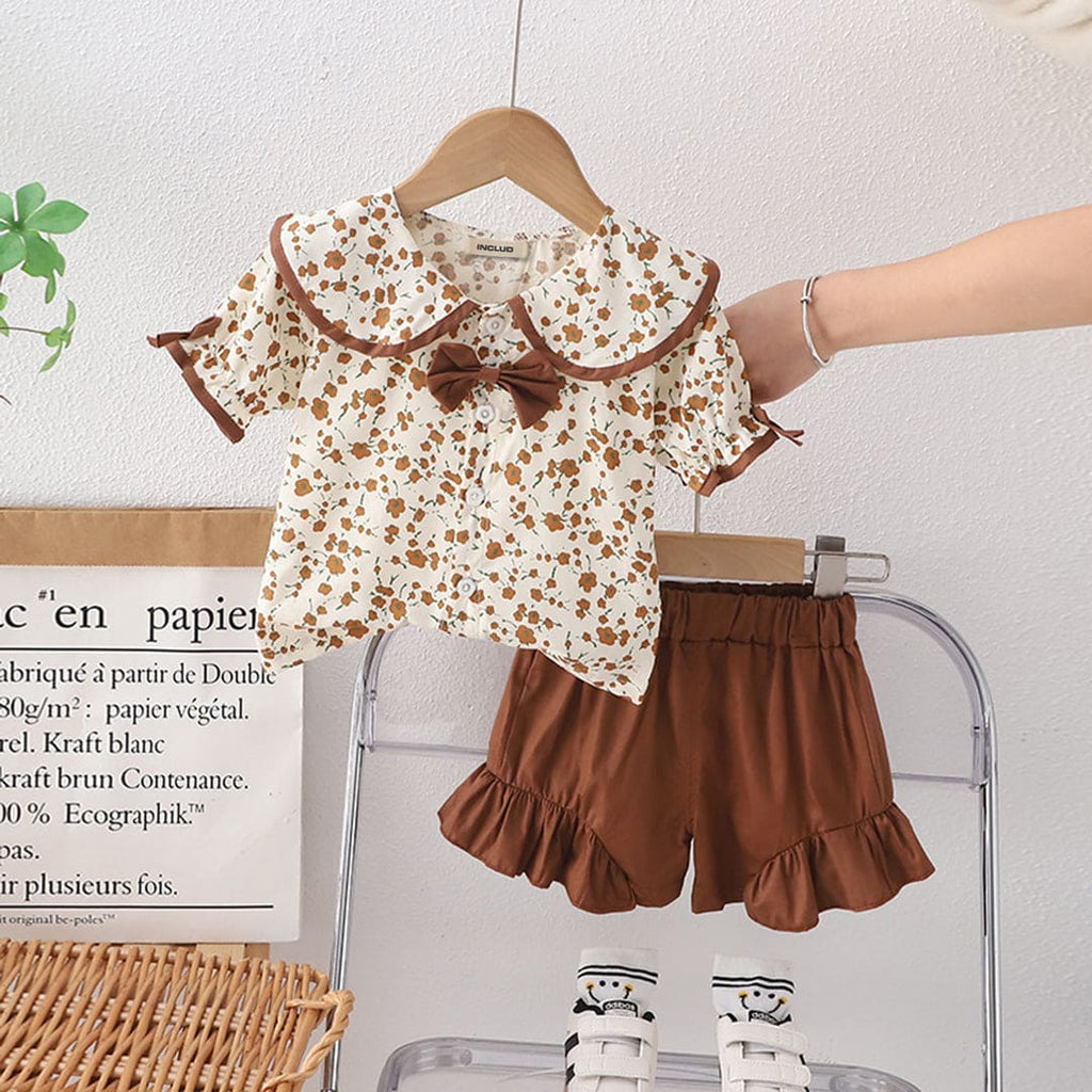 Girls Floral Print Peter Pan Collar Top With Shorts 2 pc. Sets Brown 1-2 Y 