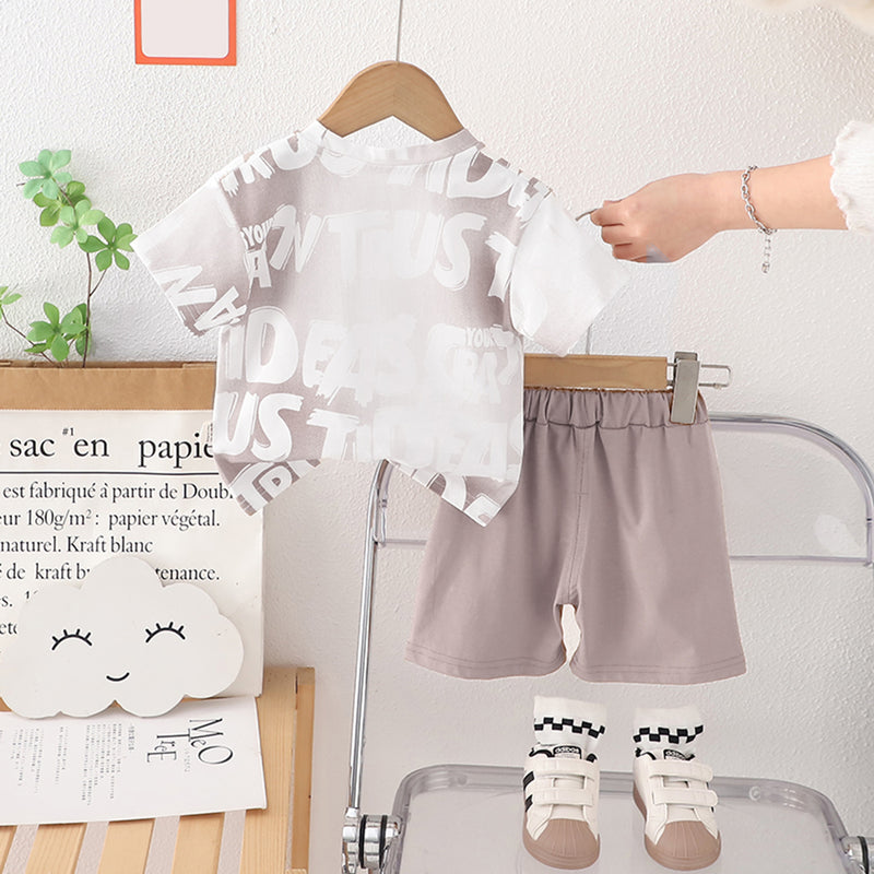 Boys Light Grey Printed Contrast Pocket T-Shirt With Shorts Set 2 pc. Sets