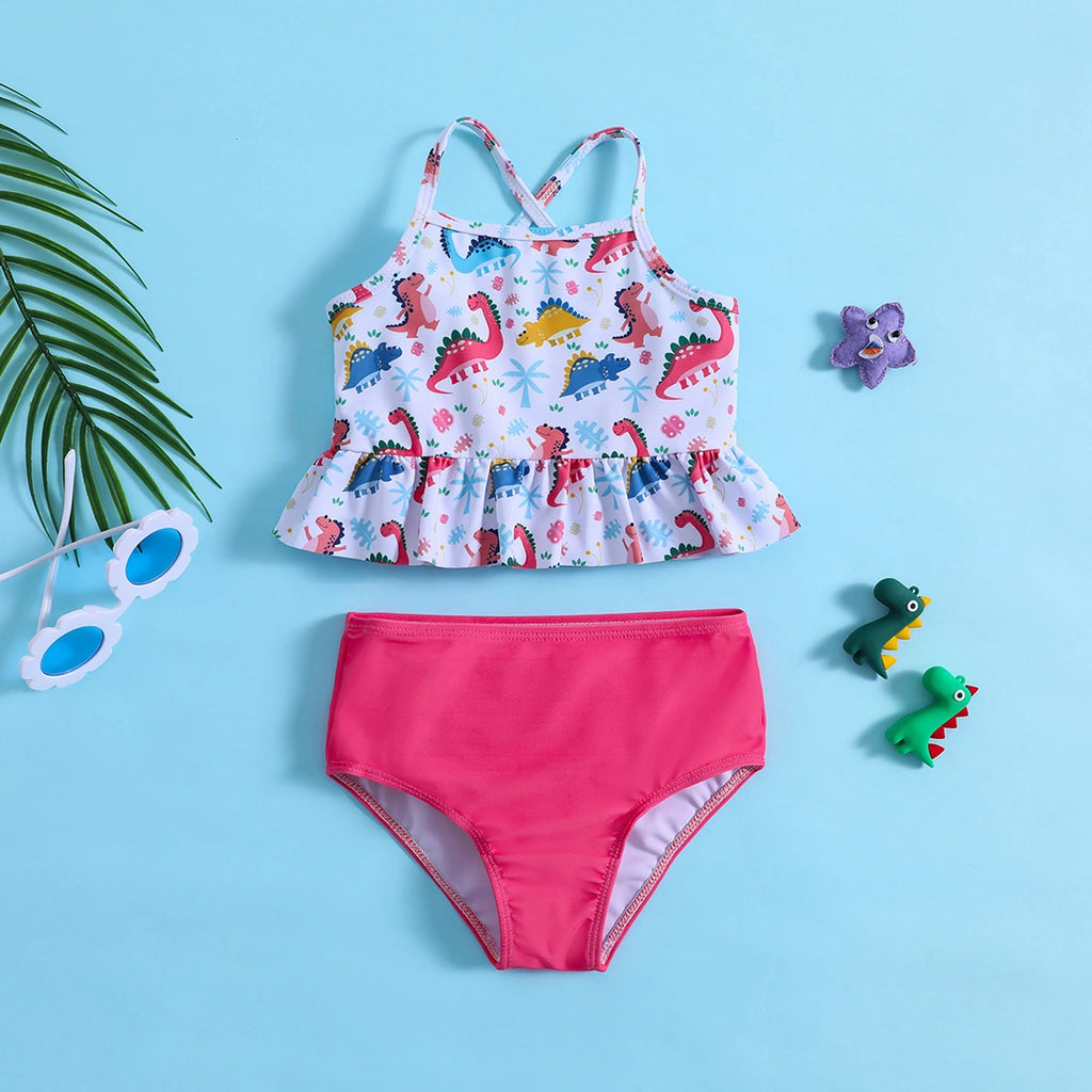Girls White Dinosaur Printed Peplum Top With Briefs Swimwear Sets Sets White 1-2 Y