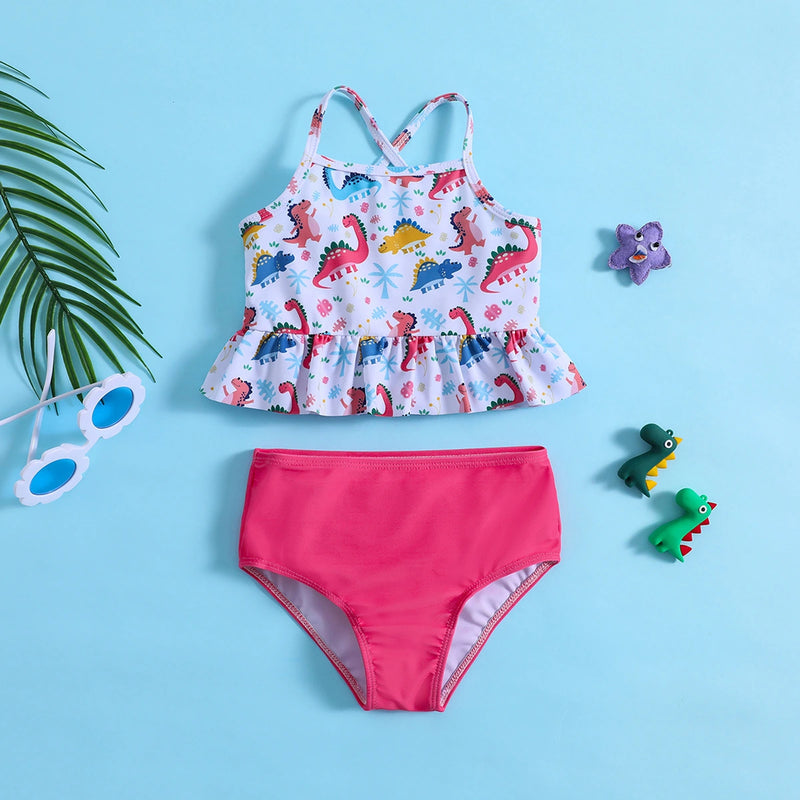 Girls White Dinosaur Printed Peplum Top With Briefs Swimwear Sets Sets White 1-2 Y