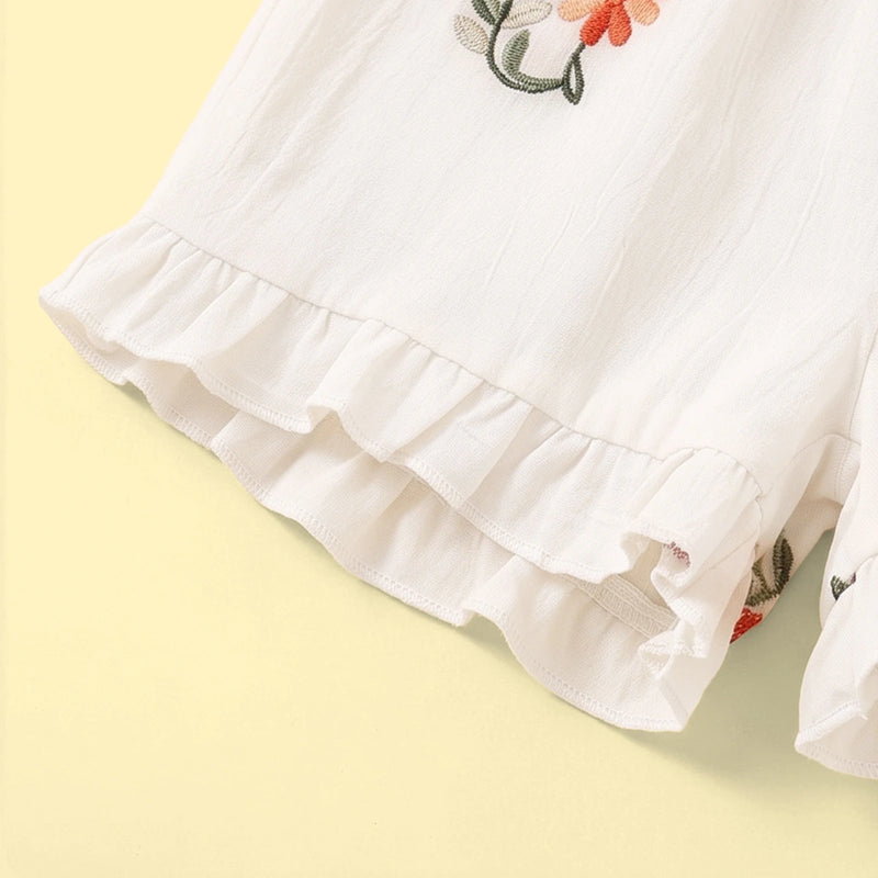 Girls Off White Floral Embroidered Top With Shorts Sets 2 pc. Sets