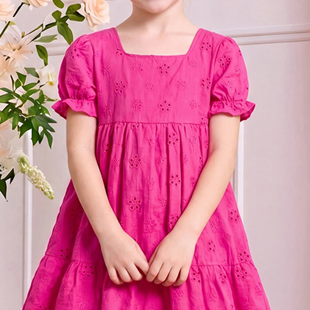 Girls Fuchsia Schiffli Embroidered Puff Sleeve Tiered Dress Casual Dresses