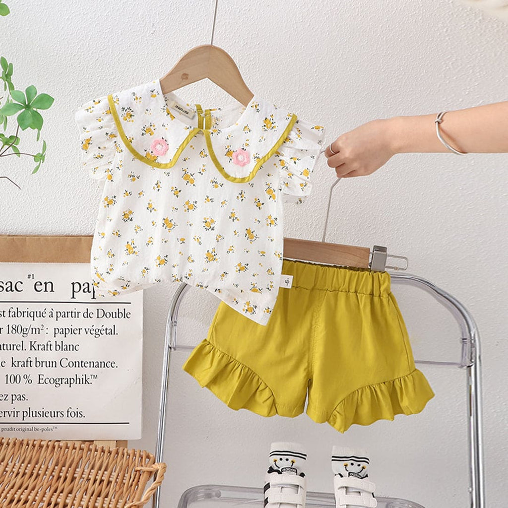 Girls Yellow Peter Pan Collar Floral Print Top With Shorts 2 pc. Sets Yellow 1-2 Y 