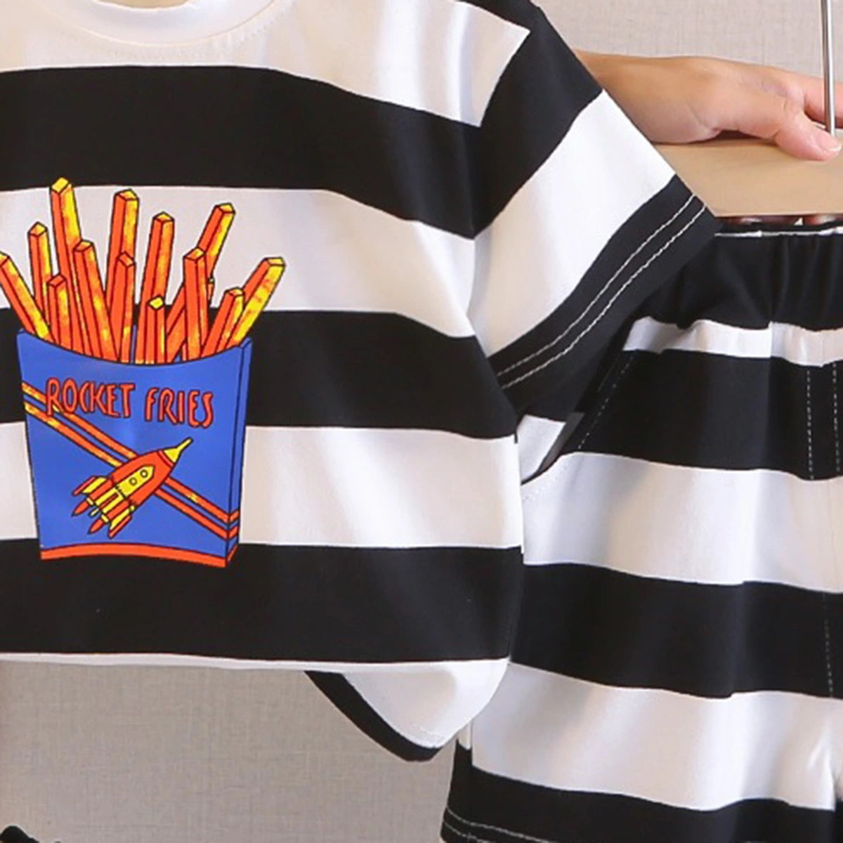 Boys Black Rocket Fries Striped T-Shirt With Elasticated Shorts Sets 2 pc. Sets
