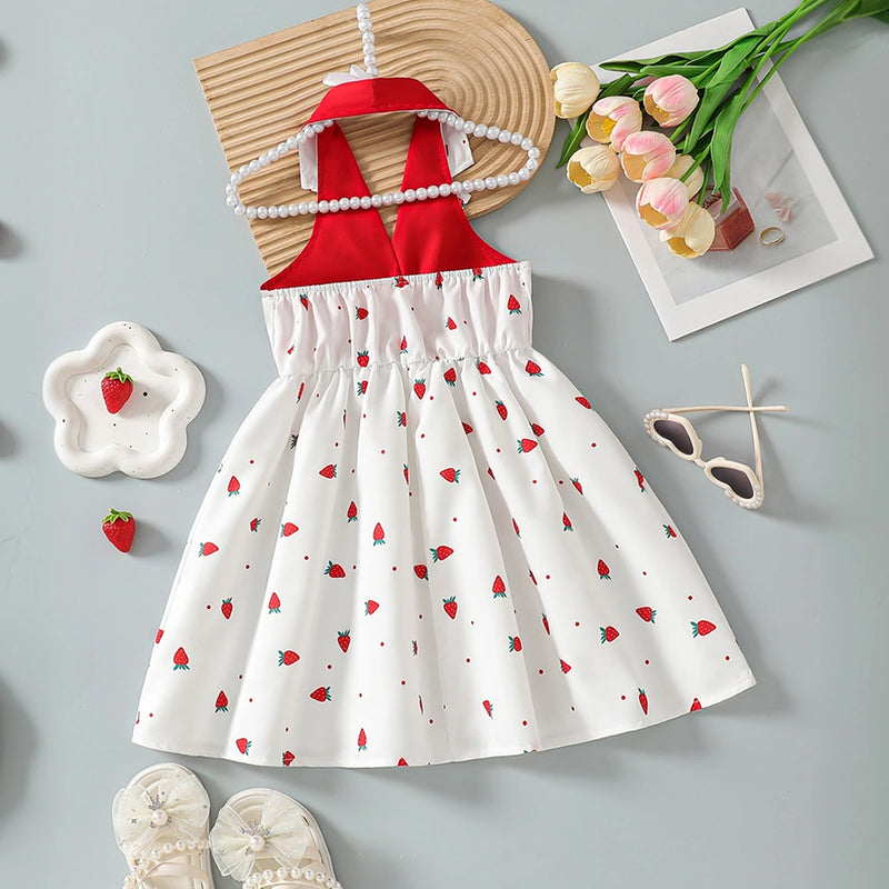 Girls White Strawberry Printed Sleeveless A-line Dress Casual Dresses