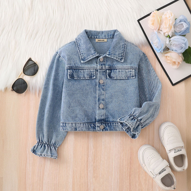 Girls Blue Solid Denim Long Sleeves Winter Jacket Coats & Jackets Blue 3-4 Y