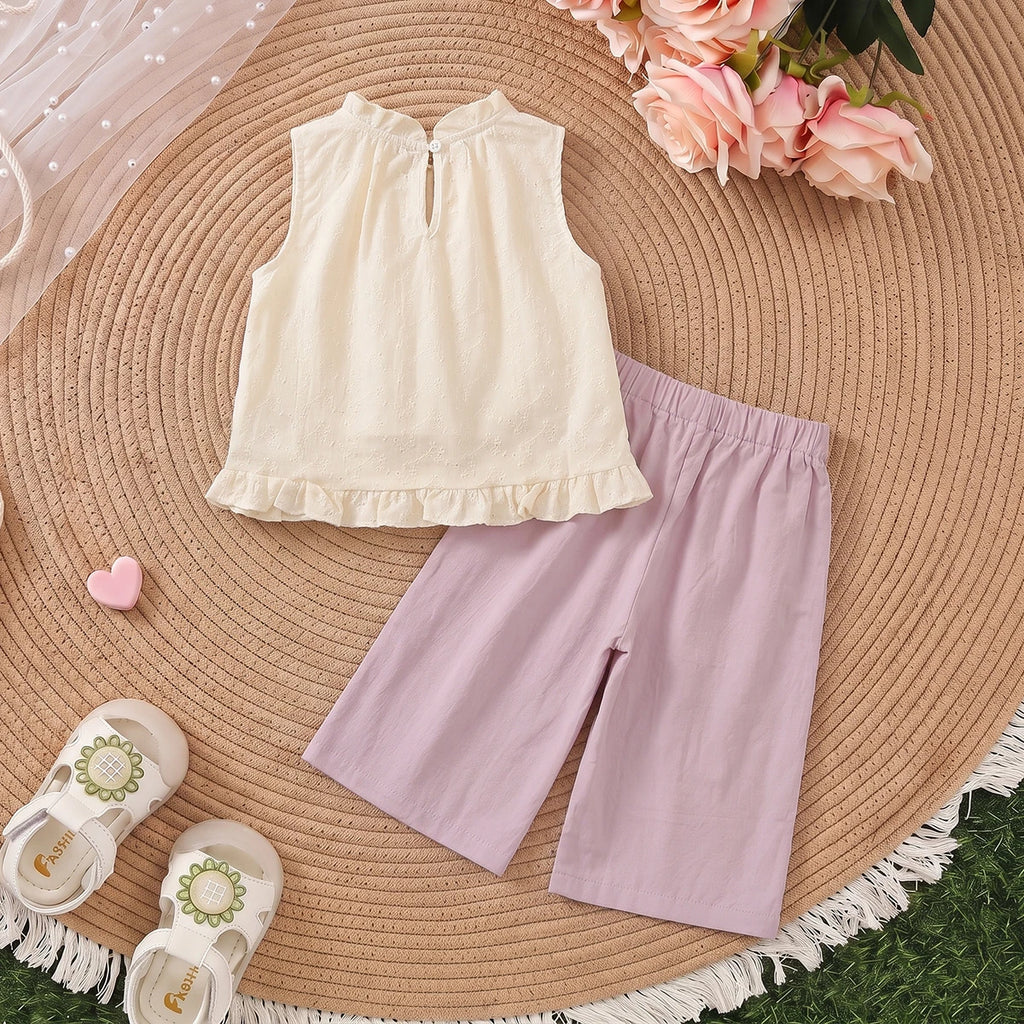 Girls Off White Self-Design Sleeveless Top With Pants Sets 2 pc. Sets
