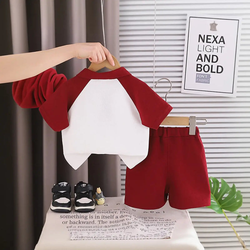 Boys Maroon Typographic Printed Raglan Sleeve Polo T-Shirt With Shorts Sets 2 pc. Sets