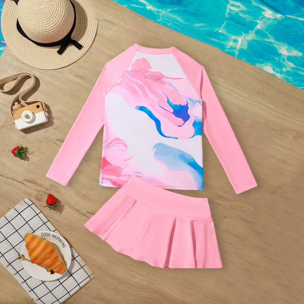 Girls Pink Typographic Printed Top With Skirts Swimwear Sets Sets