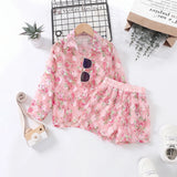 Girls Light Pink Floral Print Long Sleeve Top With Shorts Sets