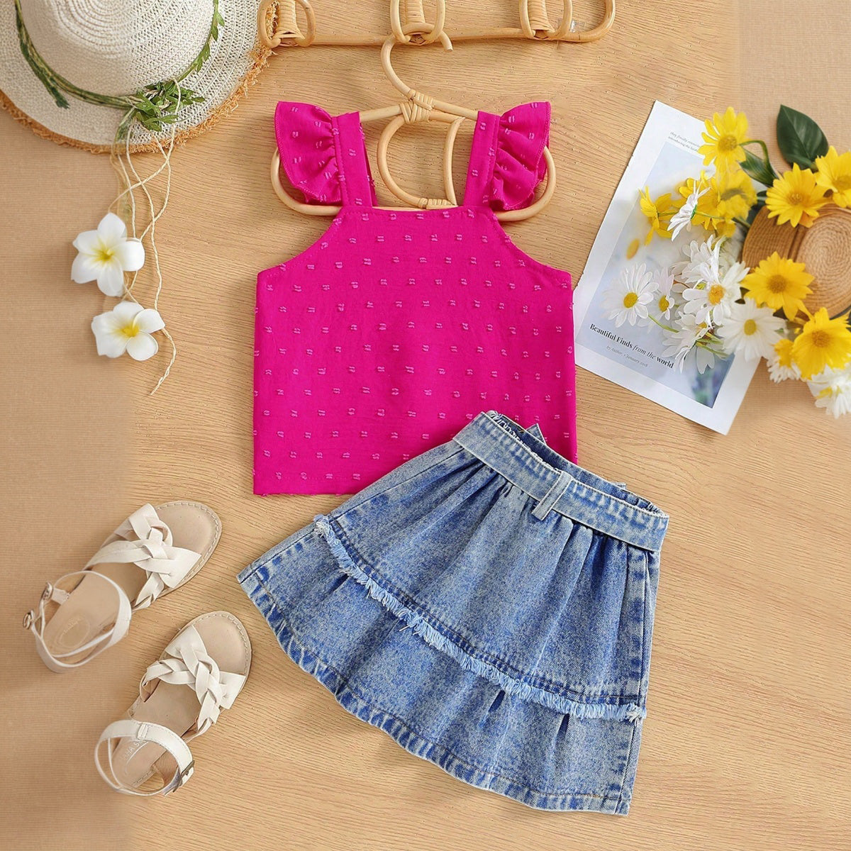 Girls Fuchsia Sleeveless Top With Heart Embroidery Denim Skirt Set 2 pc. Sets